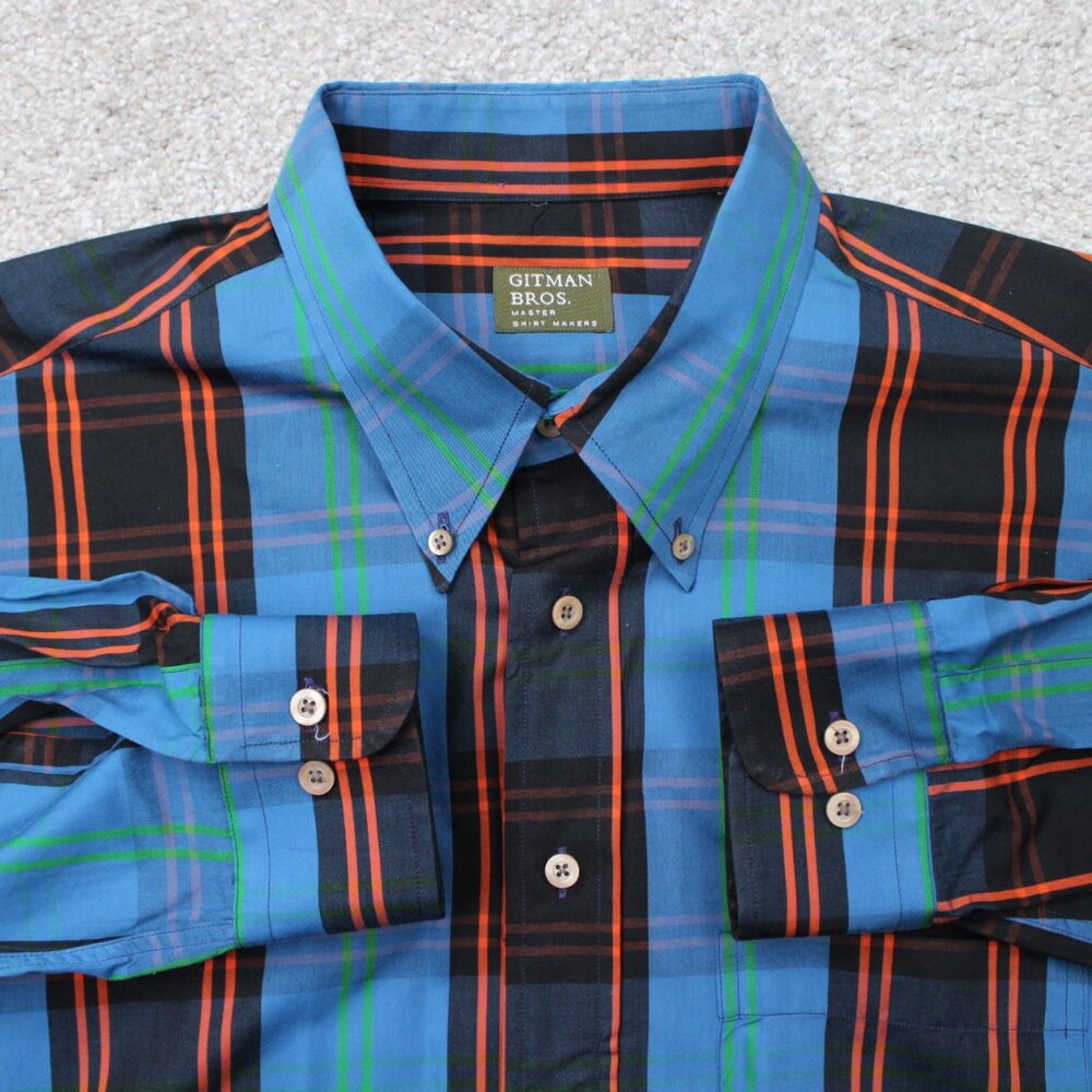 Gitman Bros Shirt Mens‎ XL Blue/Black/Orange 100% Cotton Long Sleeve Button Down